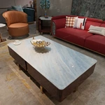 Marble-Top Coffee Table with High-Gloss Wood Veneer and Brushed Metal Base